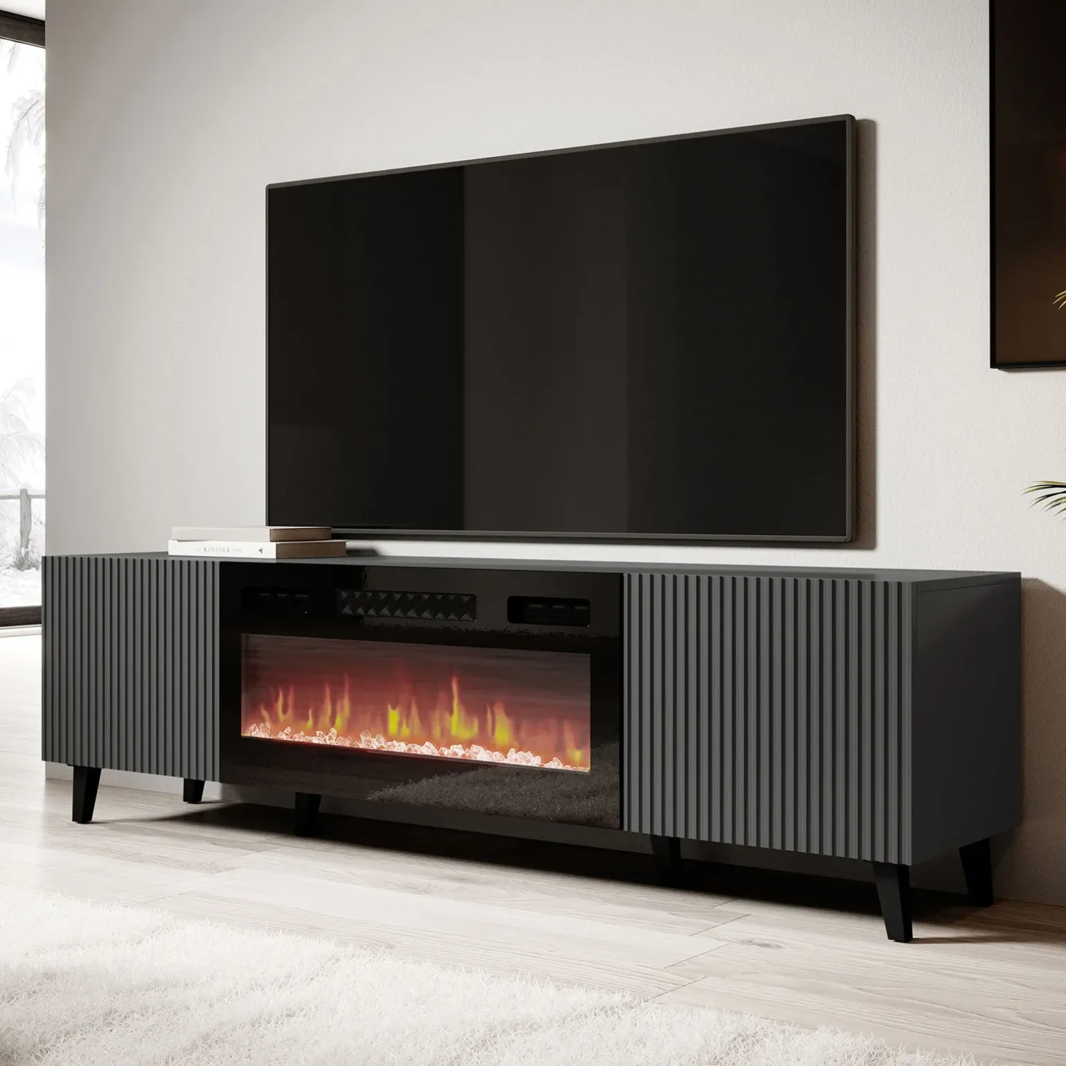 Mobile TV con camino 181x50h cm moderno cannettato antracite Essence
