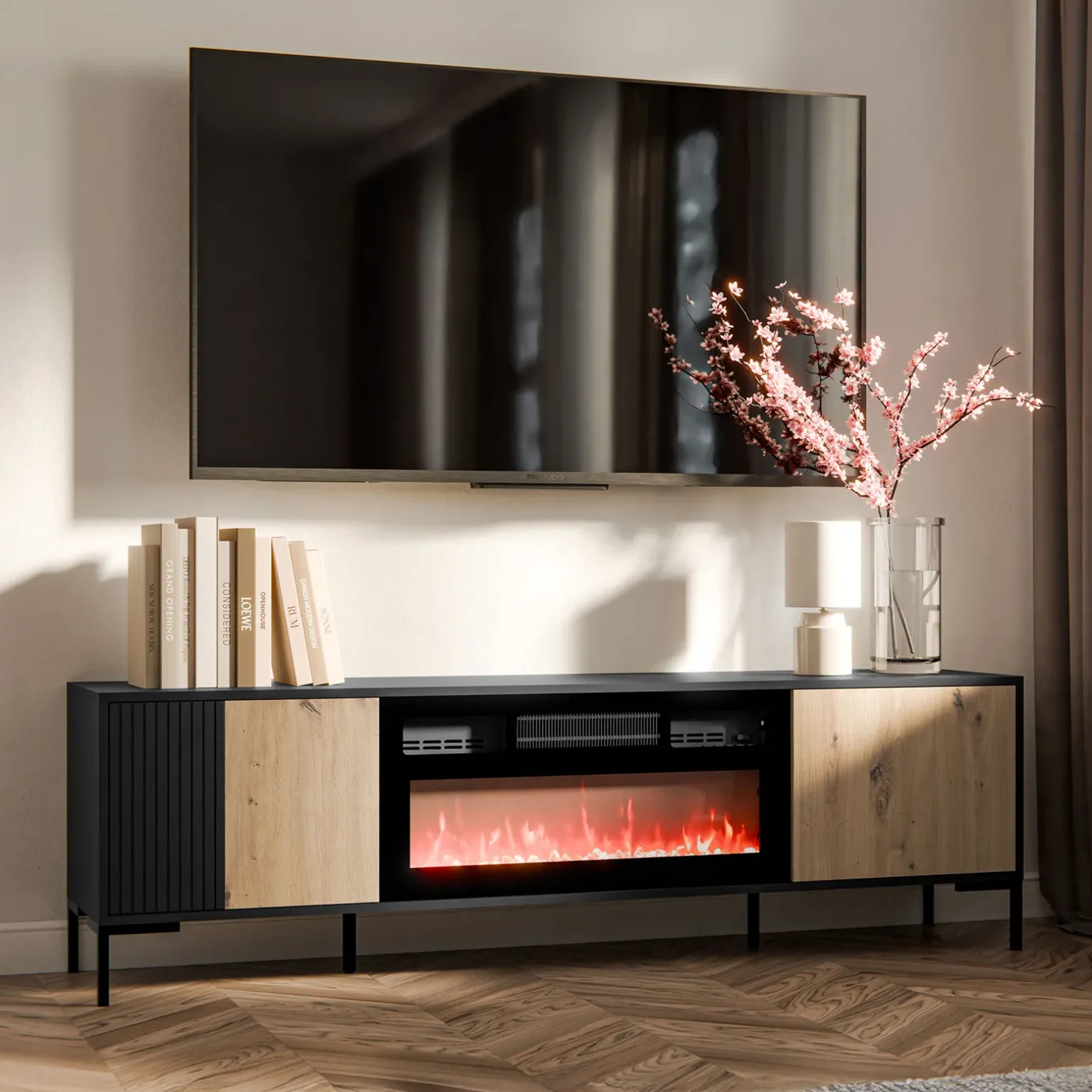 Mobile TV con camino 180x54h cm rovere nero Duble
