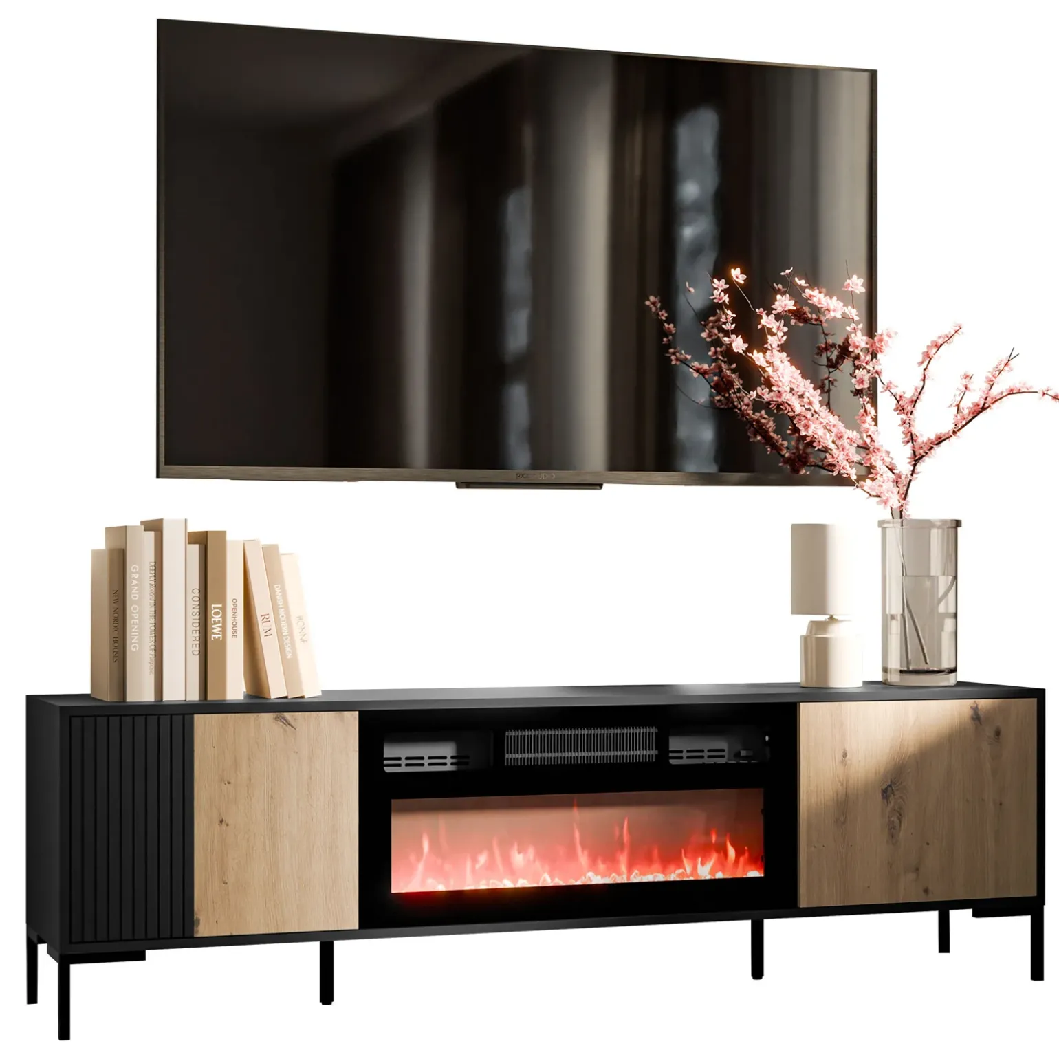 Mobile TV con camino 180x54h cm rovere nero Duble