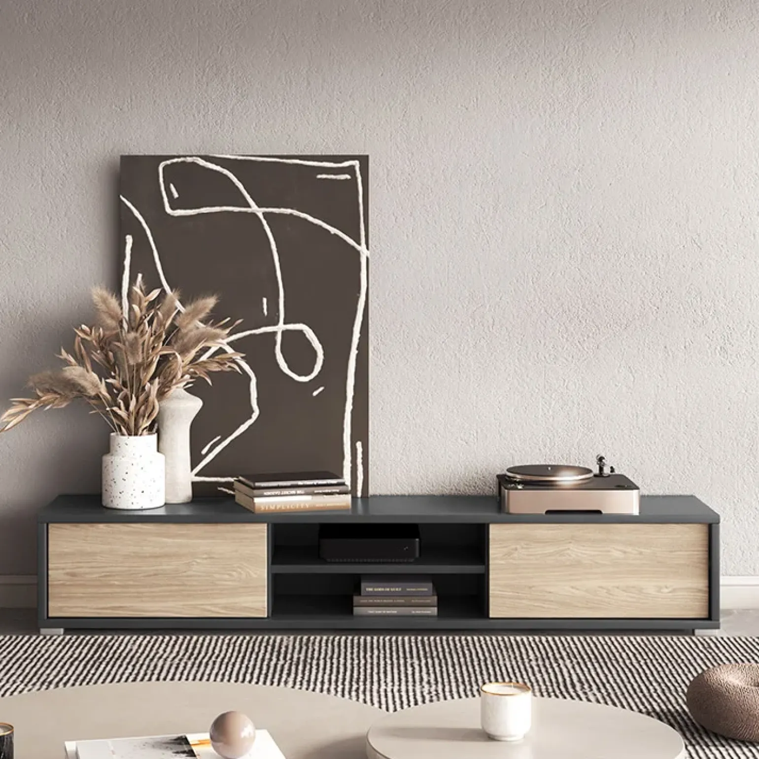 Mobile TV soggiorno sospeso 180x32h cm 2 ante a ribalta 2 vani rovere grigio Glem