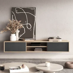 Mobile TV soggiorno sospeso 180x32h cm 2 ante a ribalta 2 vani antracite rovere Glem