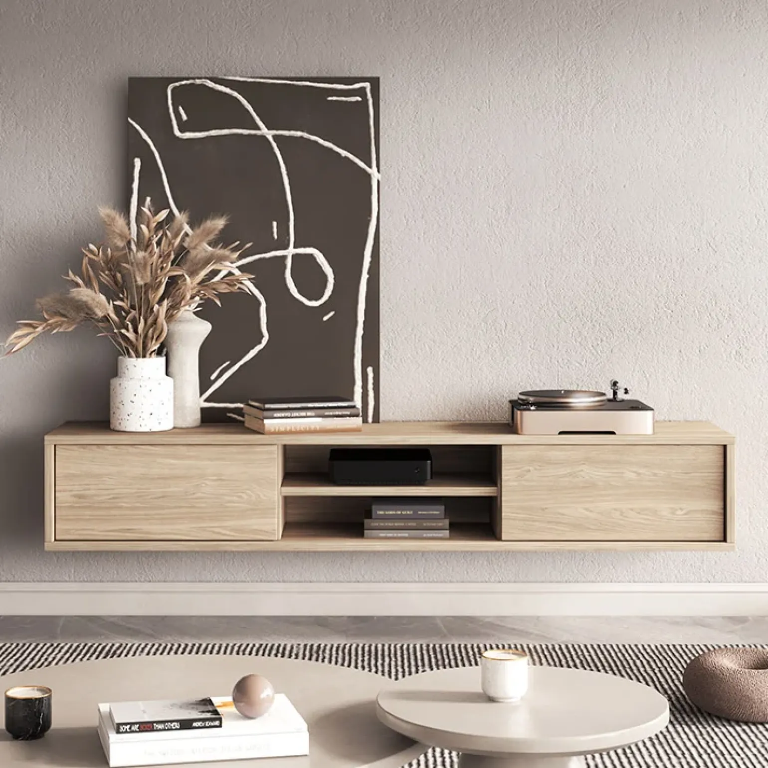 Mobile TV soggiorno sospeso 180x32h cm 2 ante a ribalta 2 vani rovere Glem