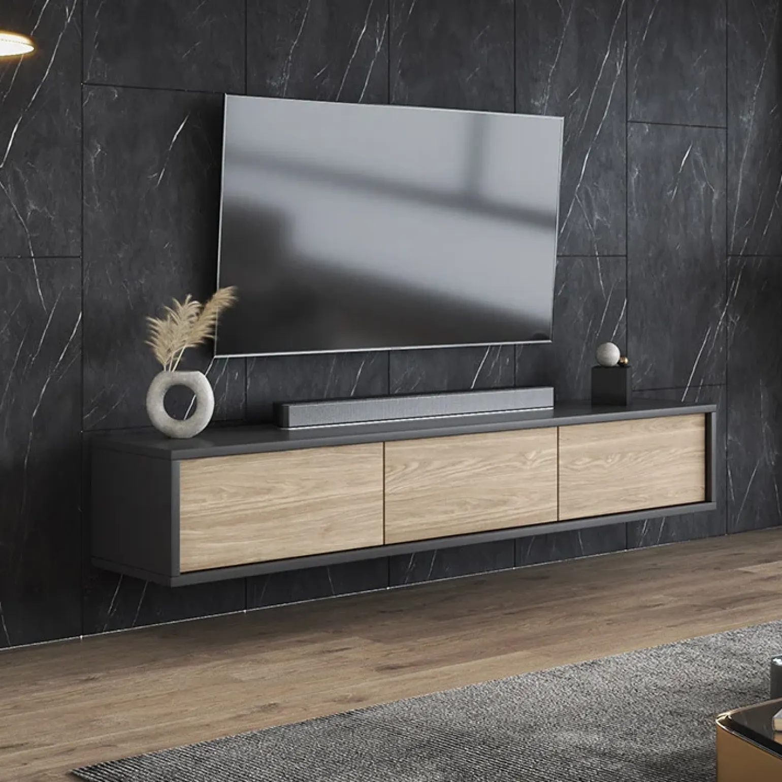 Mobile TV soggiorno sospeso 180x32h cm 3 ante a ribalta rovere grigio Glem