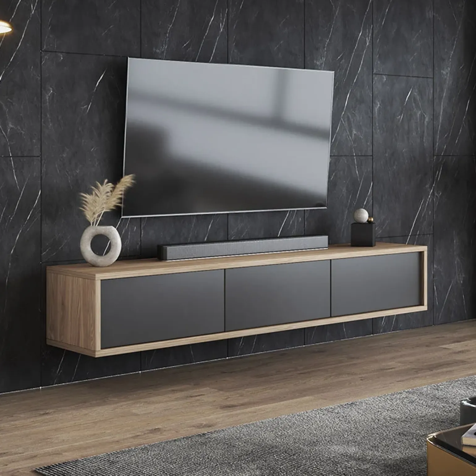Mobile TV soggiorno sospeso 180x32h cm 3 ante a ribalta antracite rovere Glem