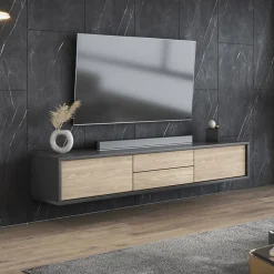 Mobile TV soggiorno sospeso 180x32h cm 2 ante a ribalta 2 cassetti rovere grigio Glem