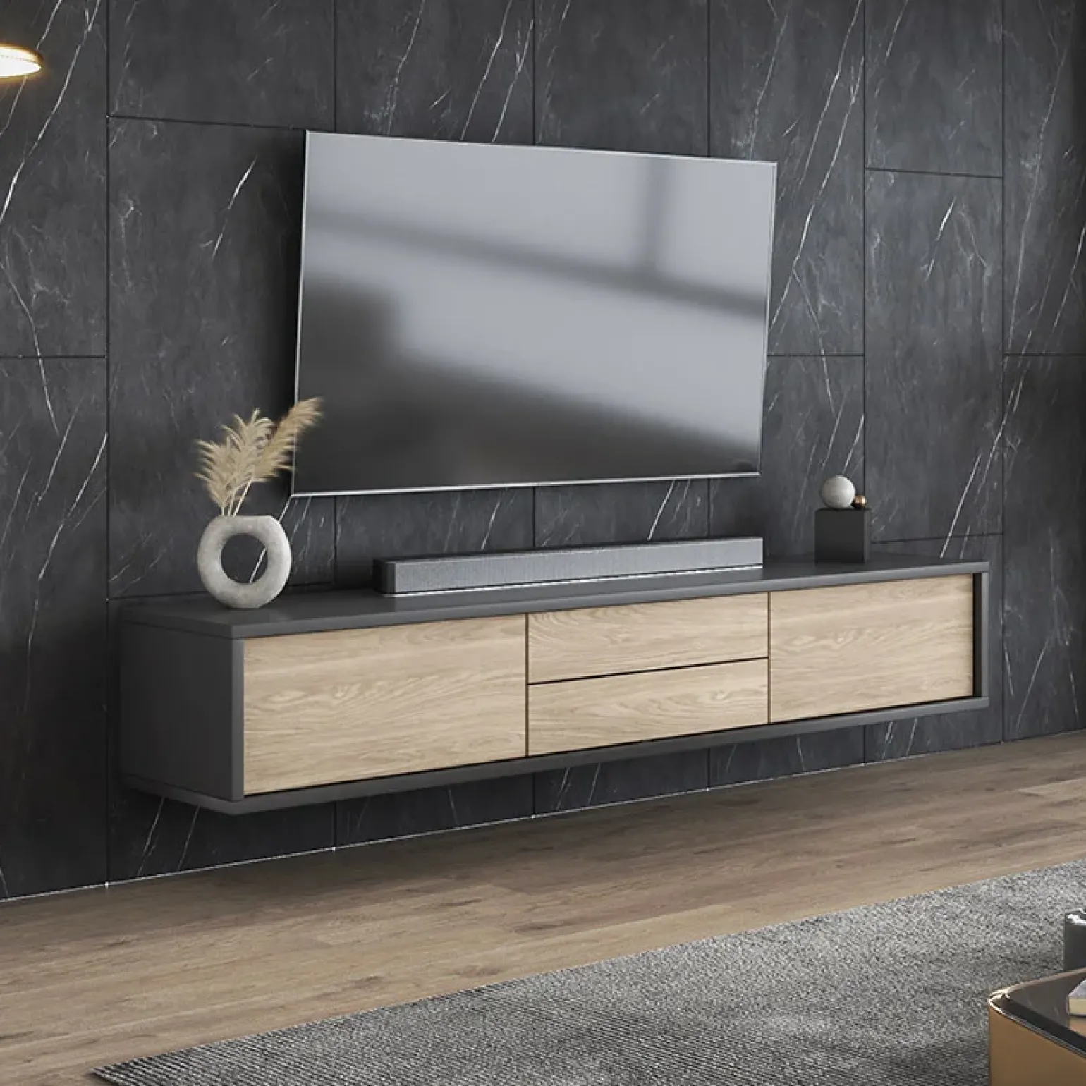 Mobile TV soggiorno sospeso 180x32h cm 2 ante a ribalta 2 cassetti rovere grigio Glem
