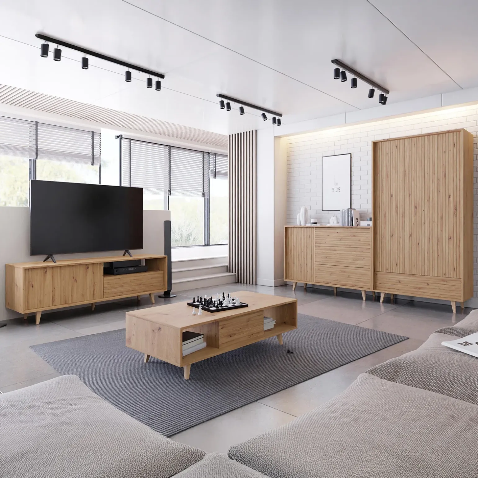 Mobile TV 152x52h cm 1 cassetto design rustico cannettato rovere Branch