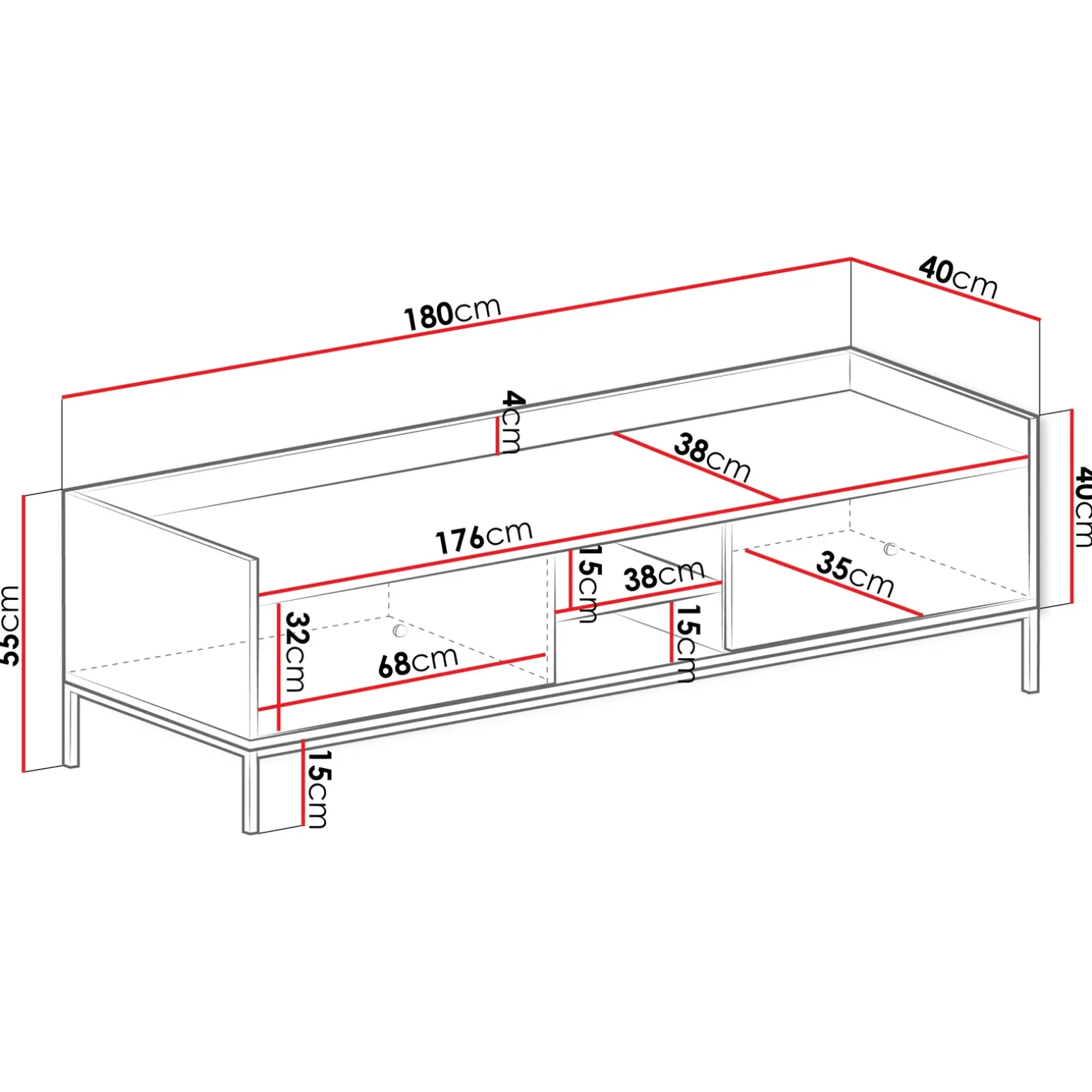 Mobile TV 180x55h cm design moderno bianco Pollon