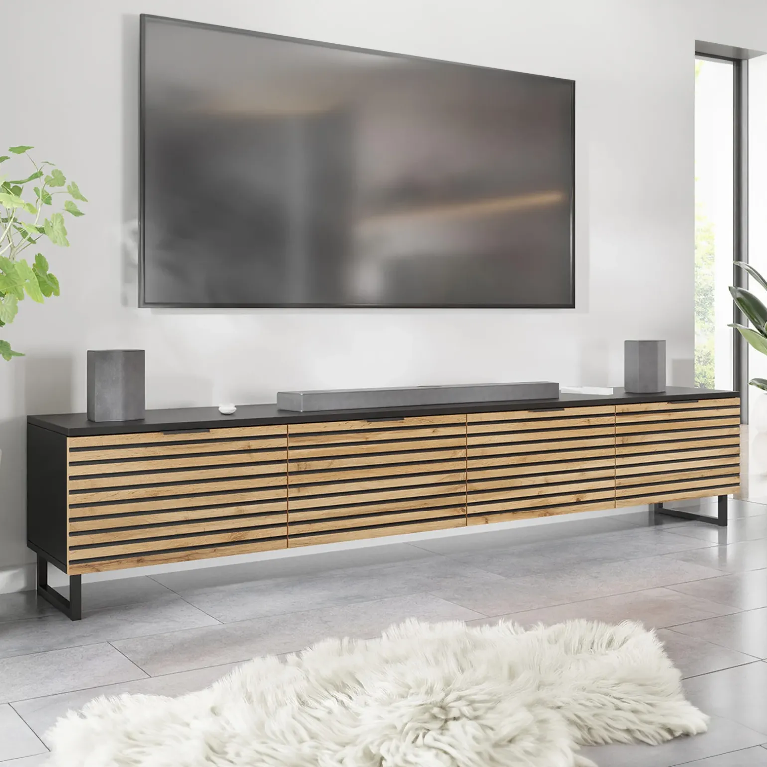 Mobile TV 200x40h cm design rustico cannettato rovere nero List
