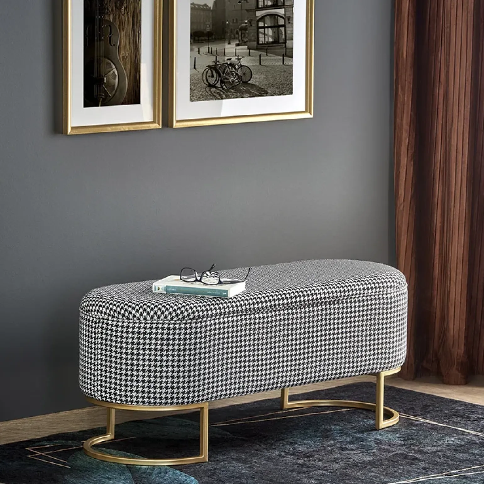 Panca moderna 105x42cm in tessuto nero bianco oro Denes