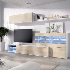 Parete attrezzata componibile 260x175h cm rovere bianco lucido Emily