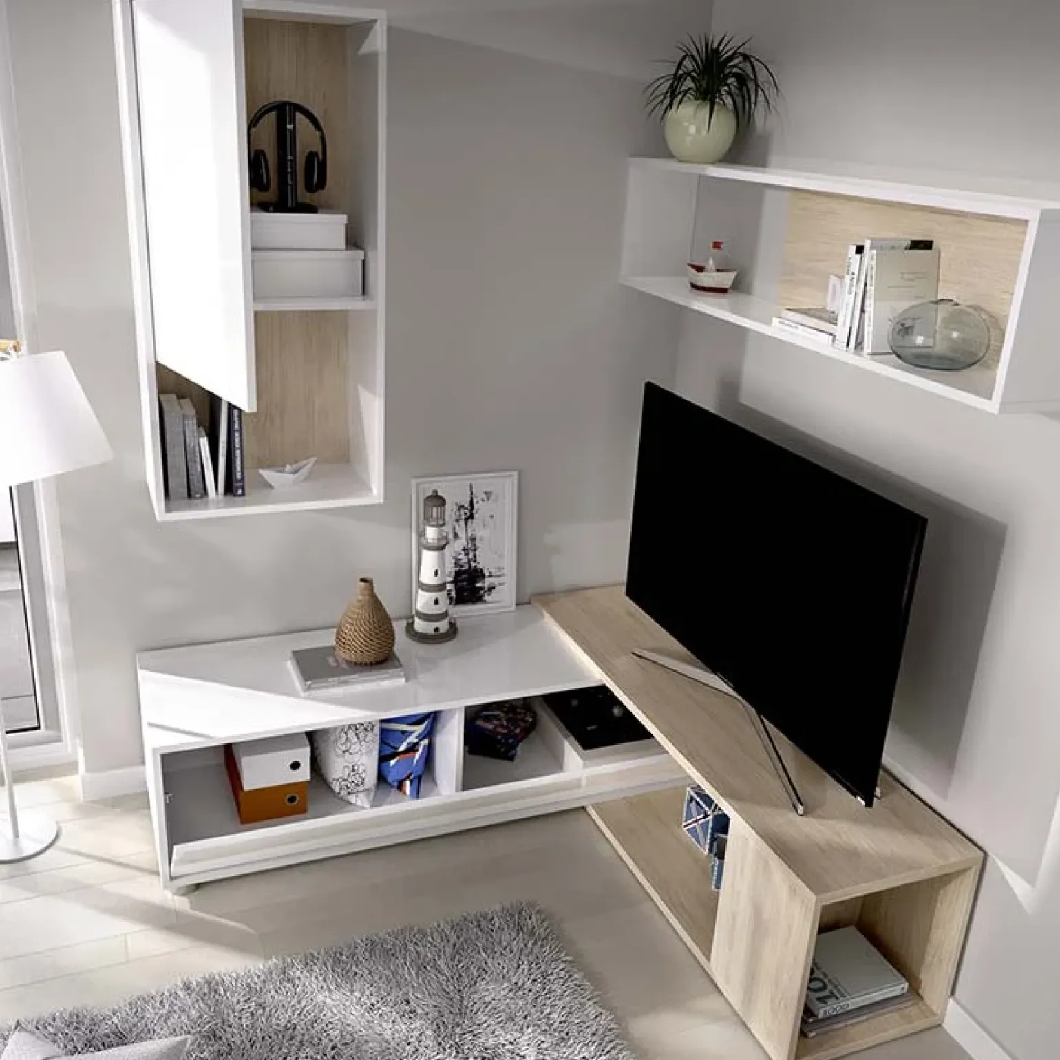 Parete attrezzata componibile 260x190h cm rovere bianco lucido Flip
