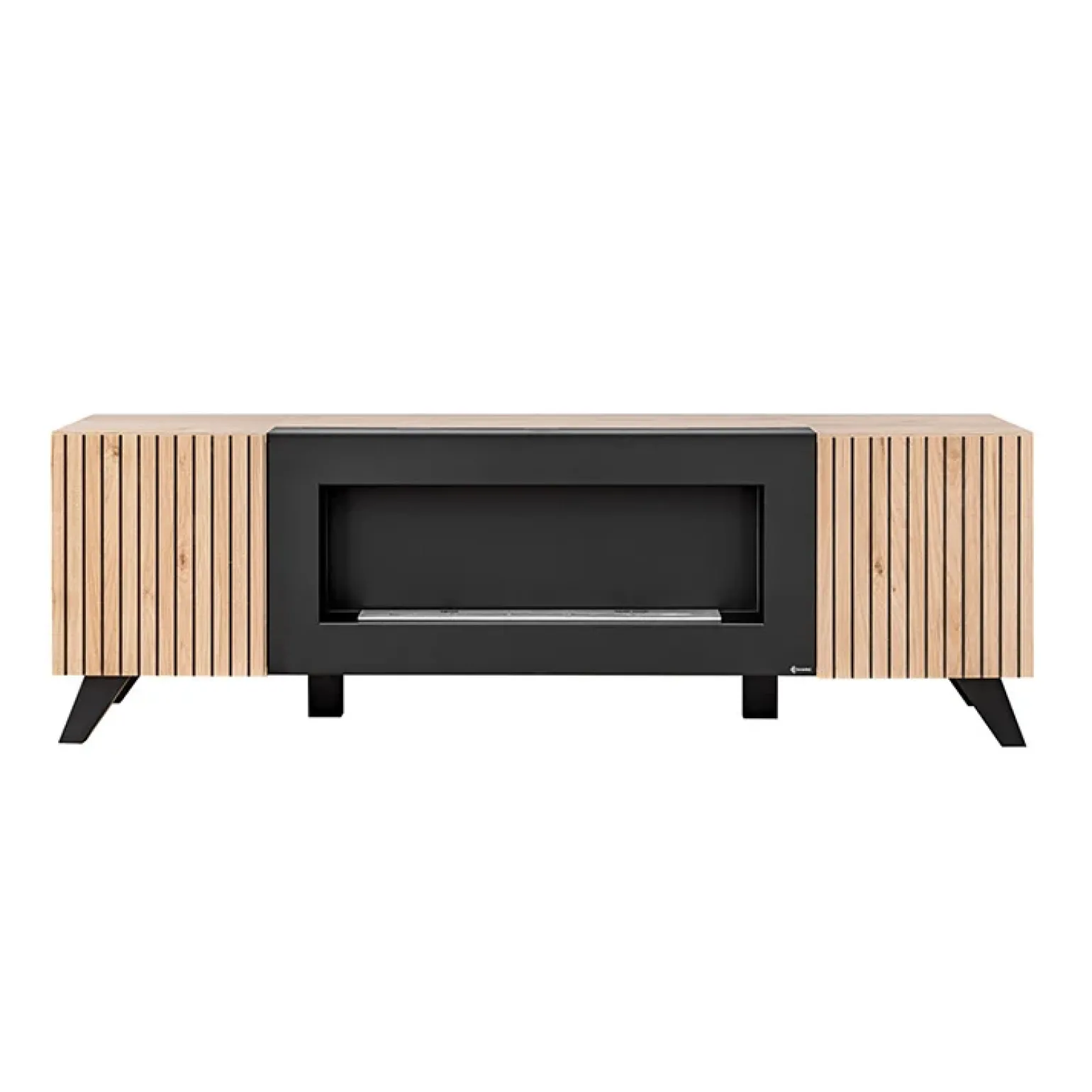 Parete attrezzata con biocamino 340x192h cm noce con stampa nera Mendes