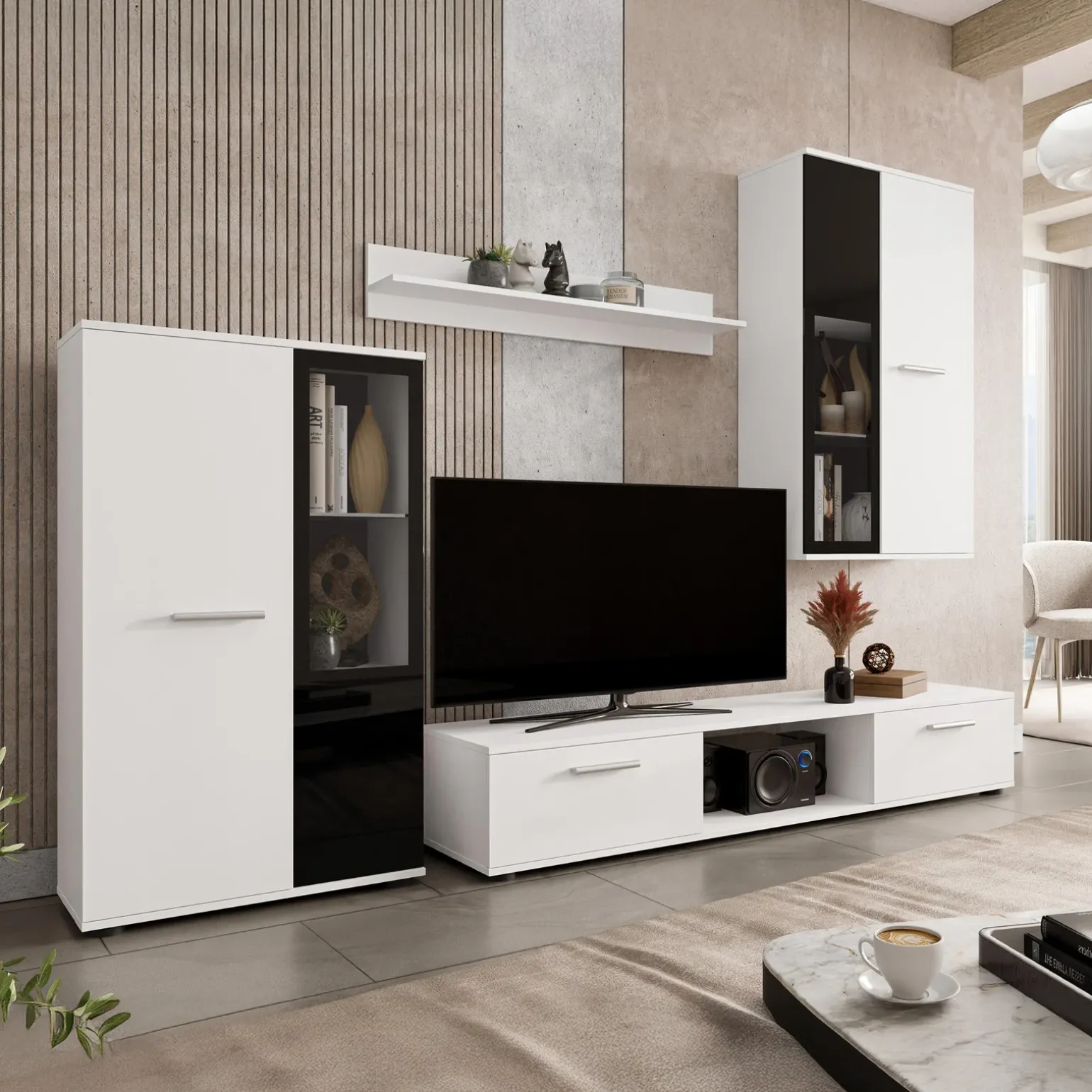 Parete attrezzata con vetrina 235x180h cm bianco nero Leeds