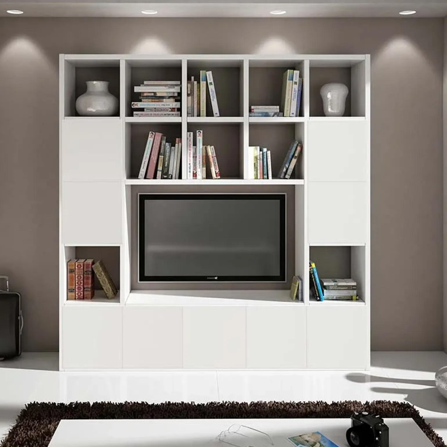 Parete attrezzata libreria 218x218h cm componibile moderna bianco frassinato Kubic 08