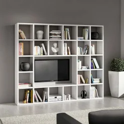Parete attrezzata libreria 261x218h cm componibile moderna bianco frassinato Kubic 05