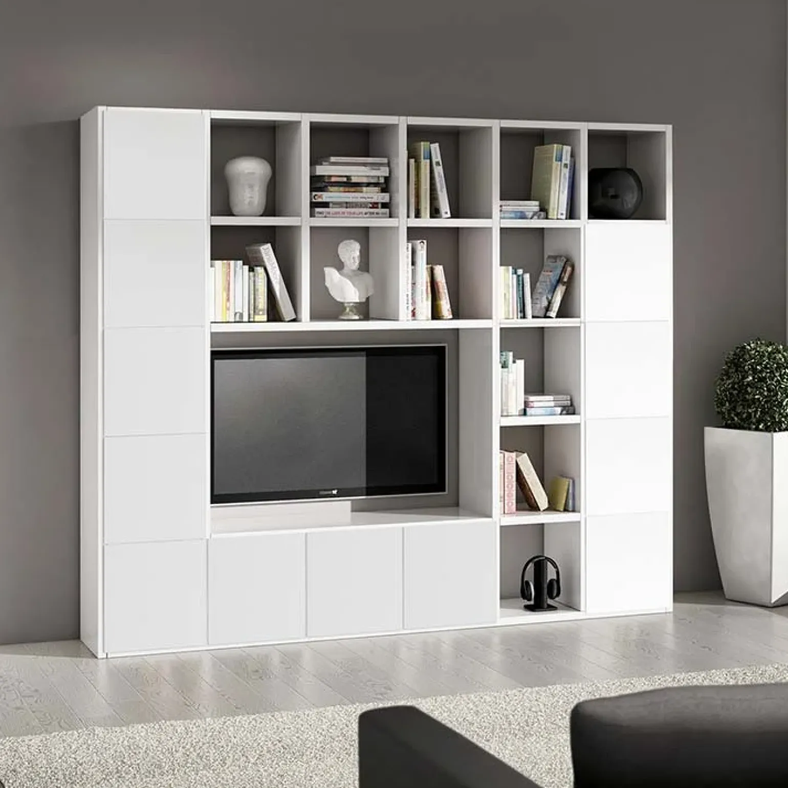 Parete attrezzata libreria 261x218h cm componibile moderna bianco frassinato Kubic 11