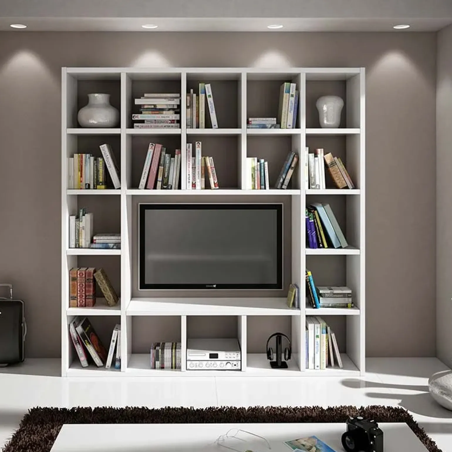 Parete attrezzata libreria 218x218h cm componibile moderna soggiorno bianco frassinato Kubic 01