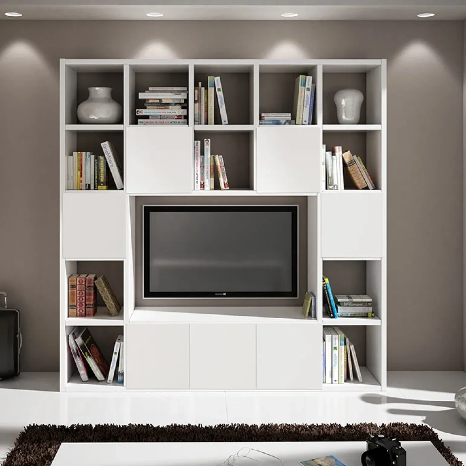 Parete attrezzata libreria 218x218h cm componibile moderna bianco frassinato Kubic 12