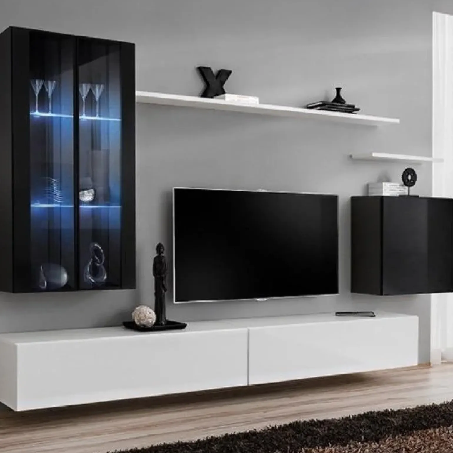 Parete attrezzata sospesa 270x170h cm bianco nera Geo 10