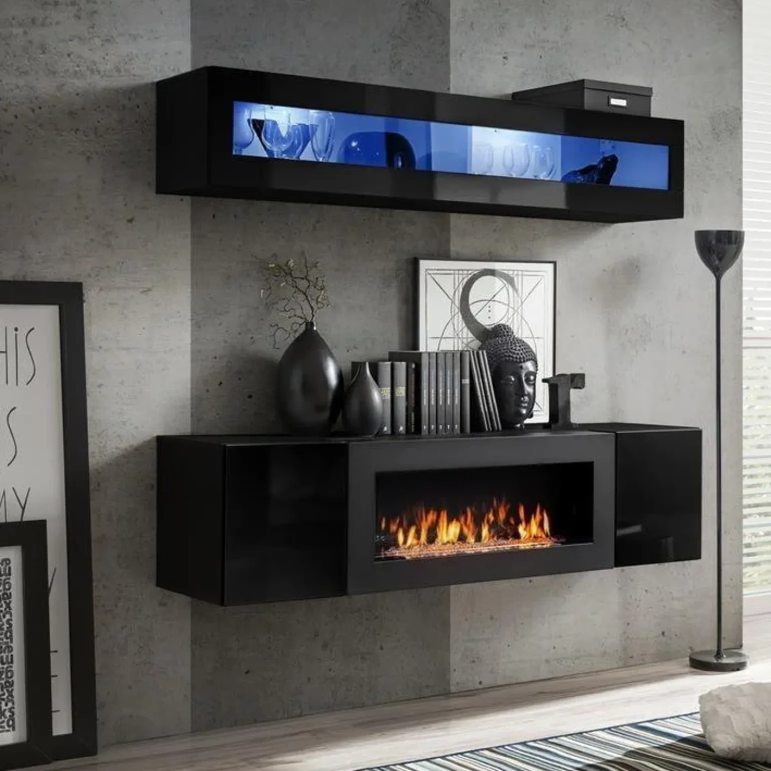 Parete attrezzata sospesa 160x150h cm con biocamino nero e vetrina N Gihome®