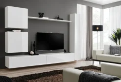 Parete attrezzata sospesa 280x180h cm bianco opaco e lucido Geo 07
