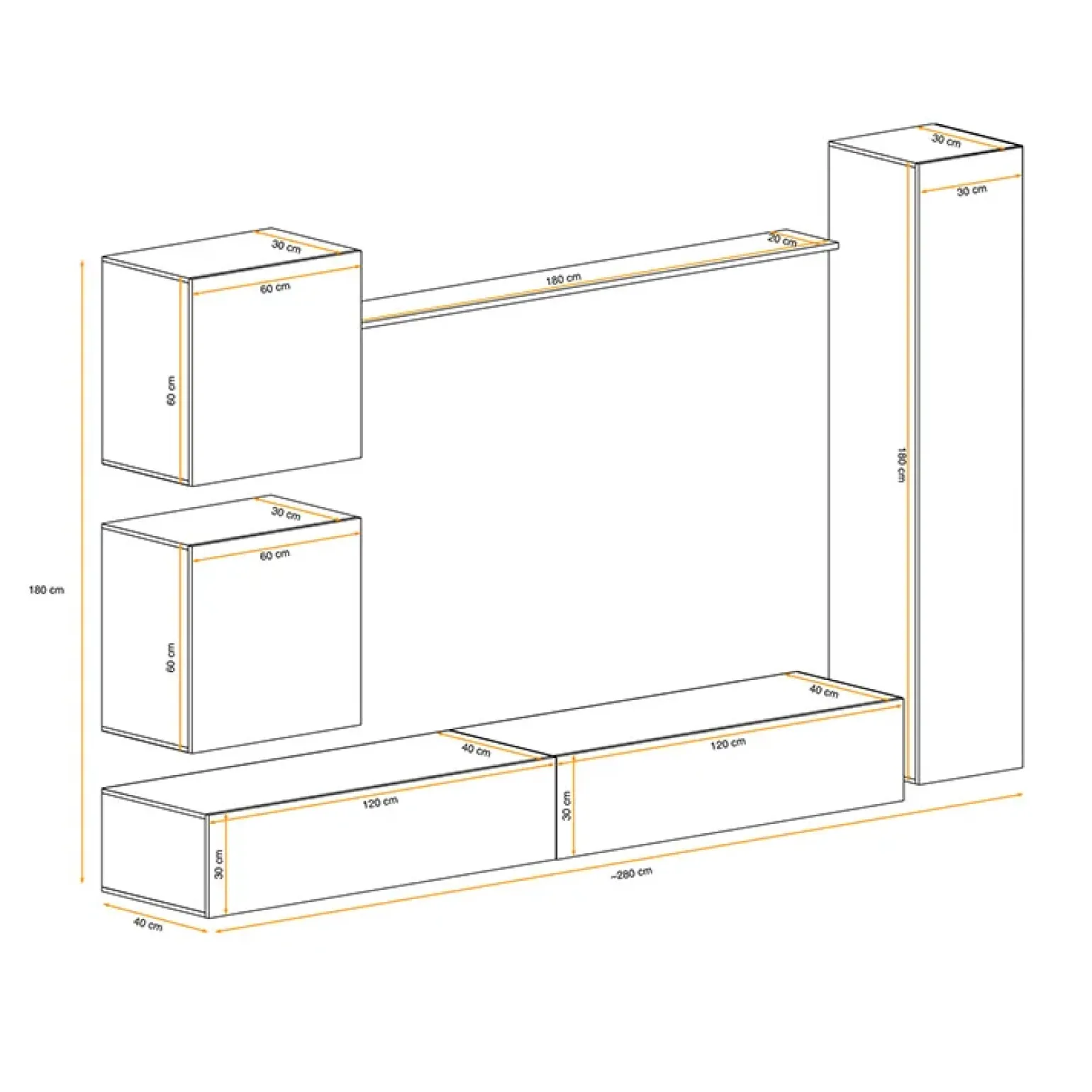 Parete attrezzata sospesa 280x180h cm bianco opaco e lucido Geo 07