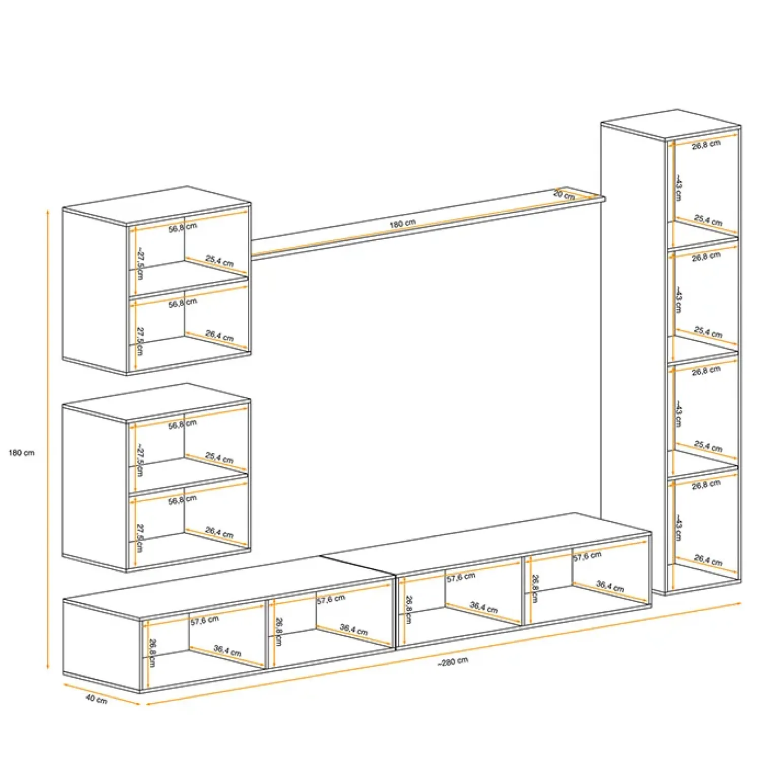 Parete attrezzata sospesa 280x180h cm bianco opaco e lucido Geo 07