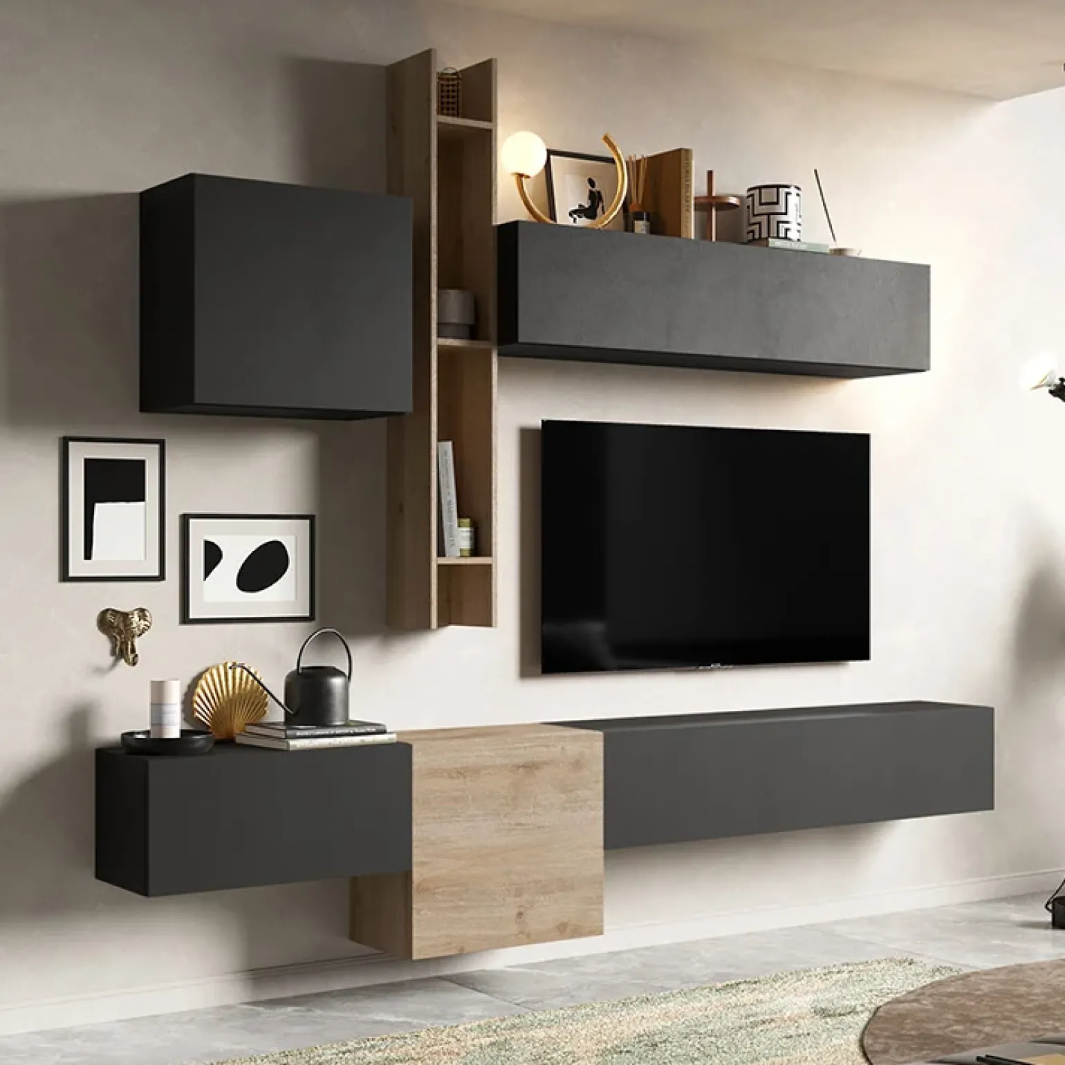 Parete attrezzata sospesa 262x220h cm rovere chiaro ossido nero Sunset 12