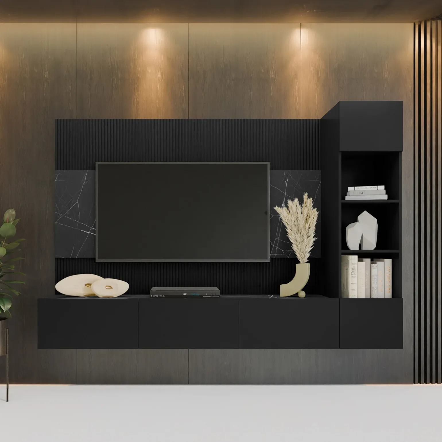 Parete attrezzata sospesa 220x150h cm con colonna nero cannettato effetto marmo Ilaria