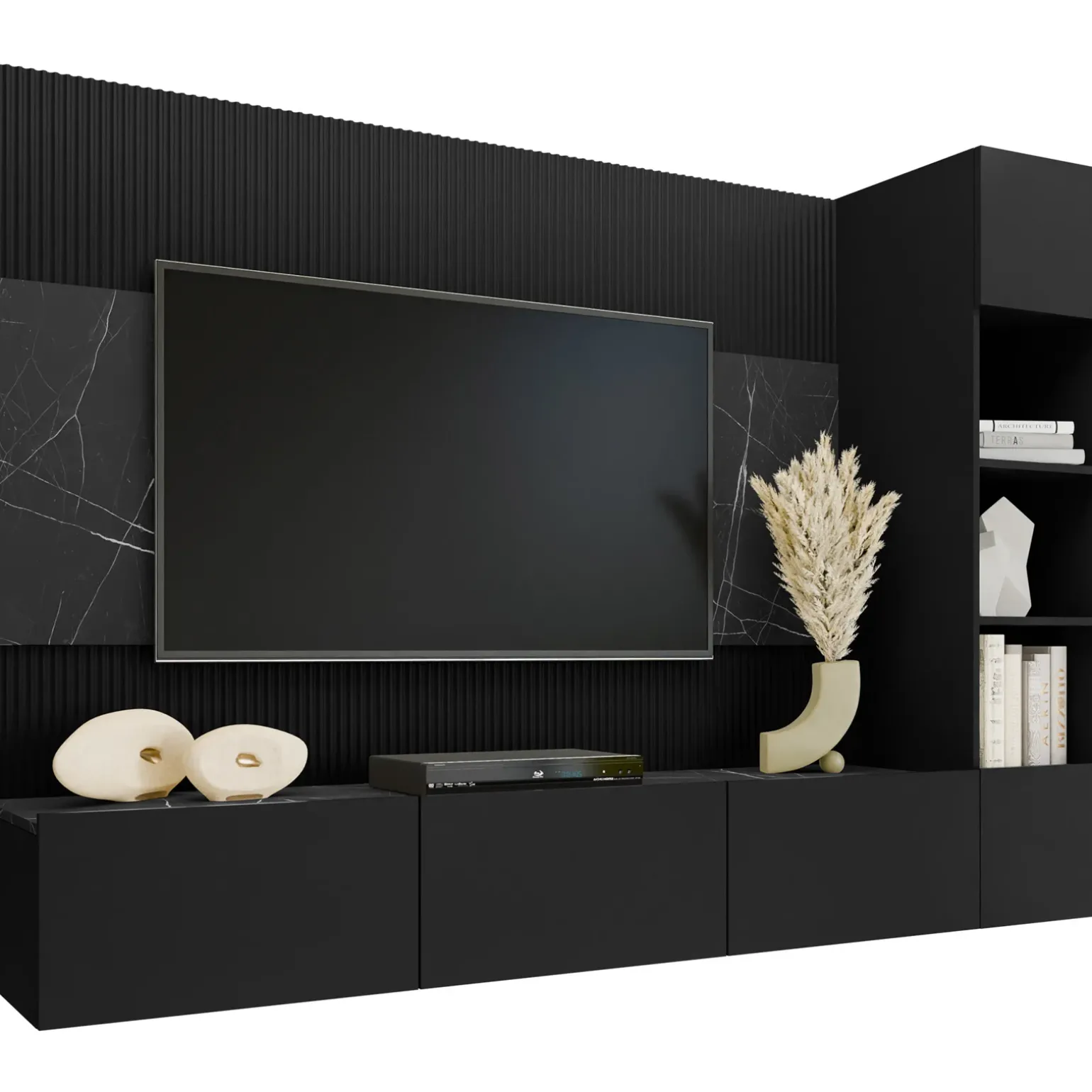 Parete attrezzata sospesa 220x150h cm con colonna nero cannettato effetto marmo Ilaria