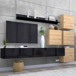 Parete attrezzata sospesa 300x210h cm nero lucido rovere Tempus