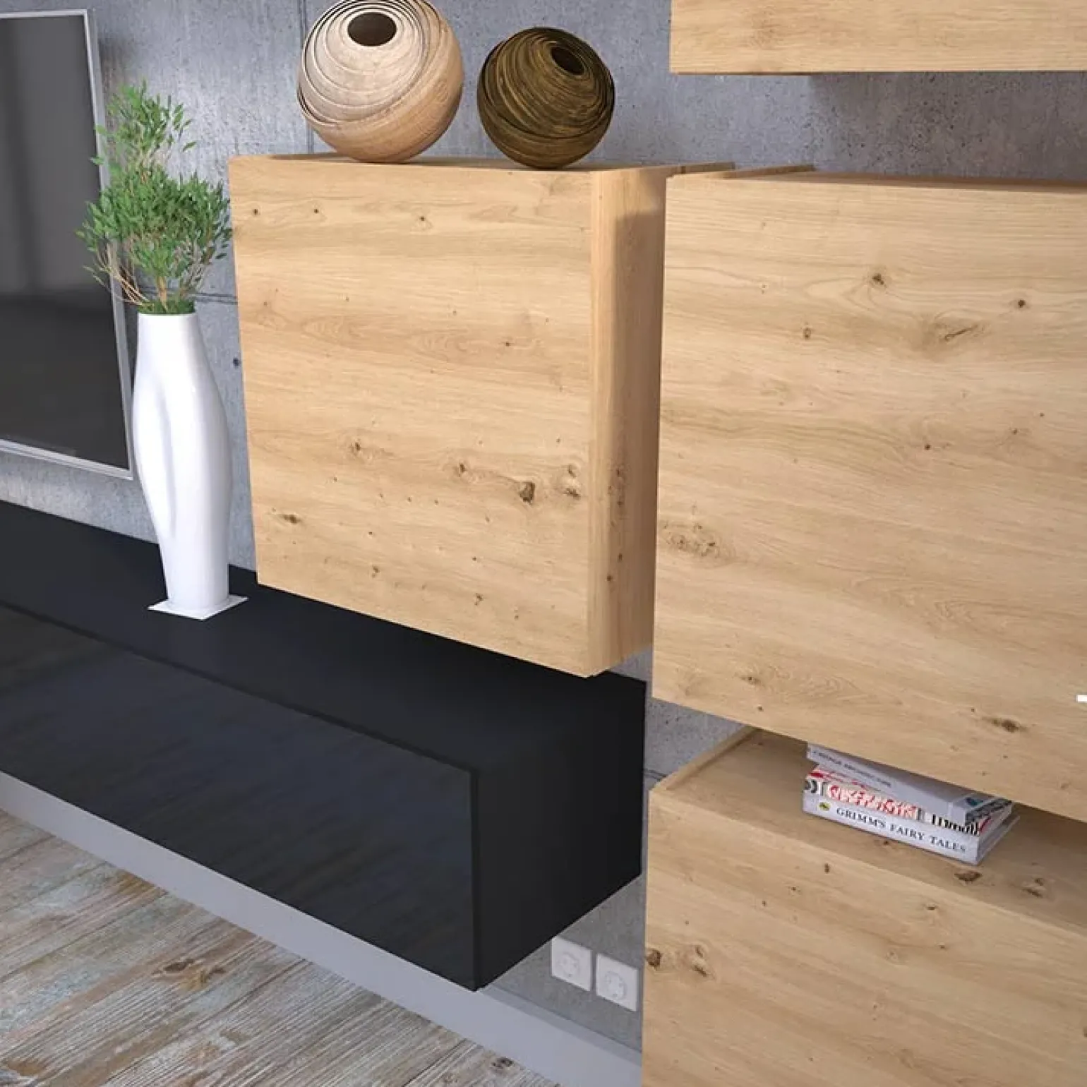 Parete attrezzata sospesa 300x210h cm nero lucido rovere Tempus
