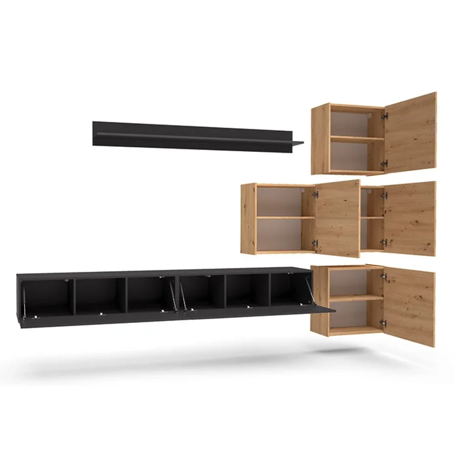 Parete attrezzata sospesa 300x210h cm nero lucido rovere Tempus