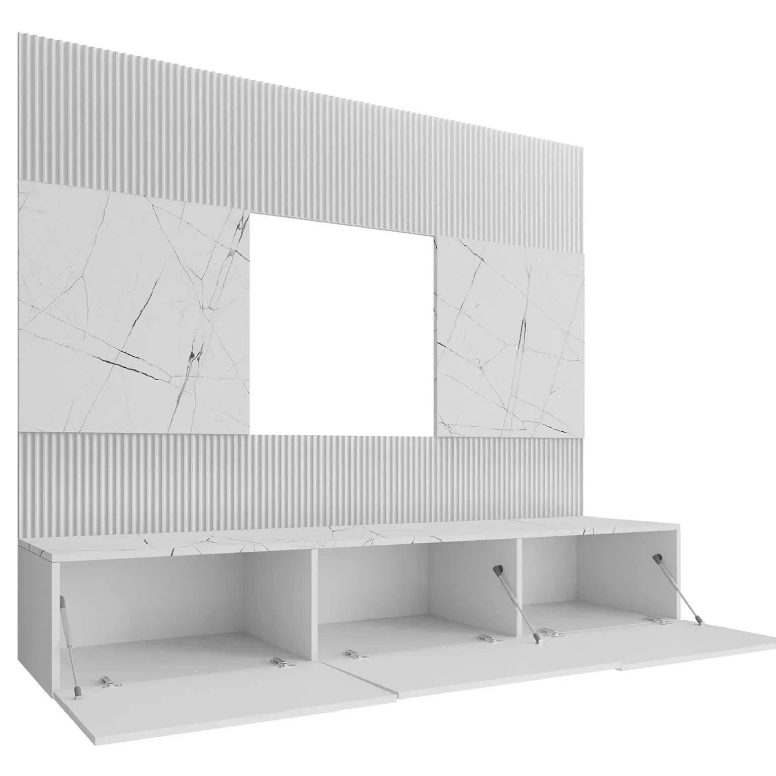 Parete attrezzata sospesa 180x150h cm 3 ante bianco cannettato effetto marmo Ilaria