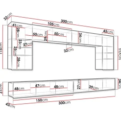 Parete attrezzata sospesa 300x185h cm porta tv con vetrine bianco lucido rovere Mons