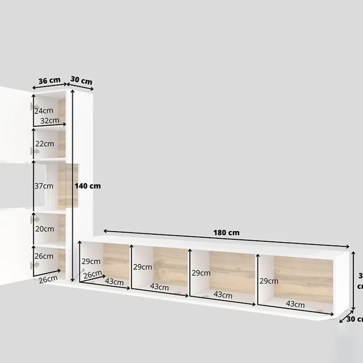 Parete attrezzata sospesa 226x140h cm bianco rovere Fusion 1