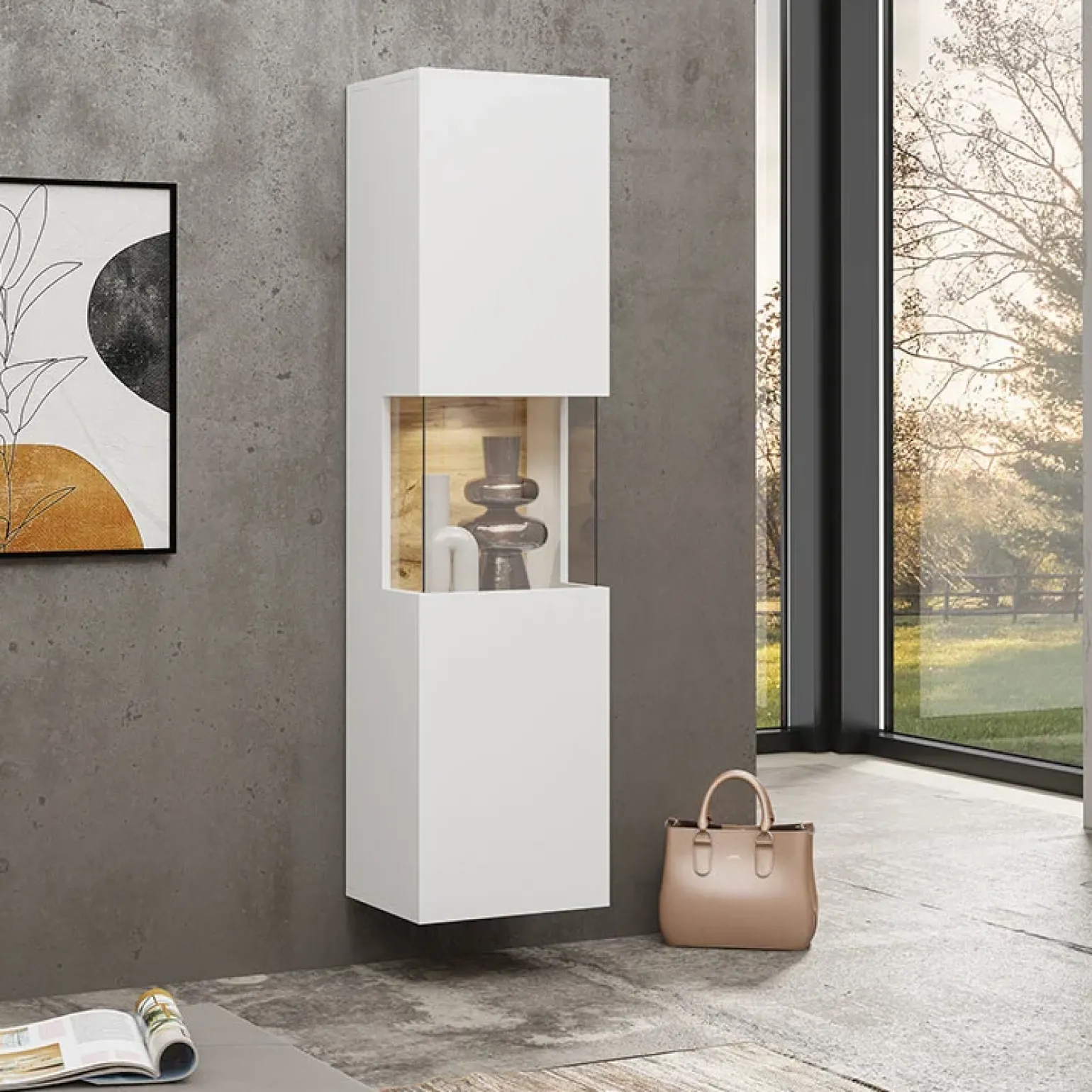 Parete attrezzata sospesa 226x140h cm bianco rovere Fusion 1
