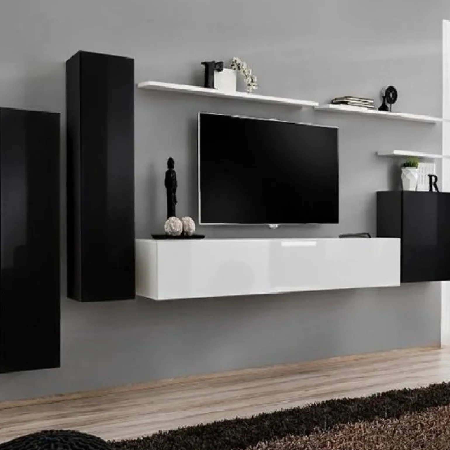 Parete attrezzata sospesa 330x160h cm moderna bianco e nero lucido Geo 01