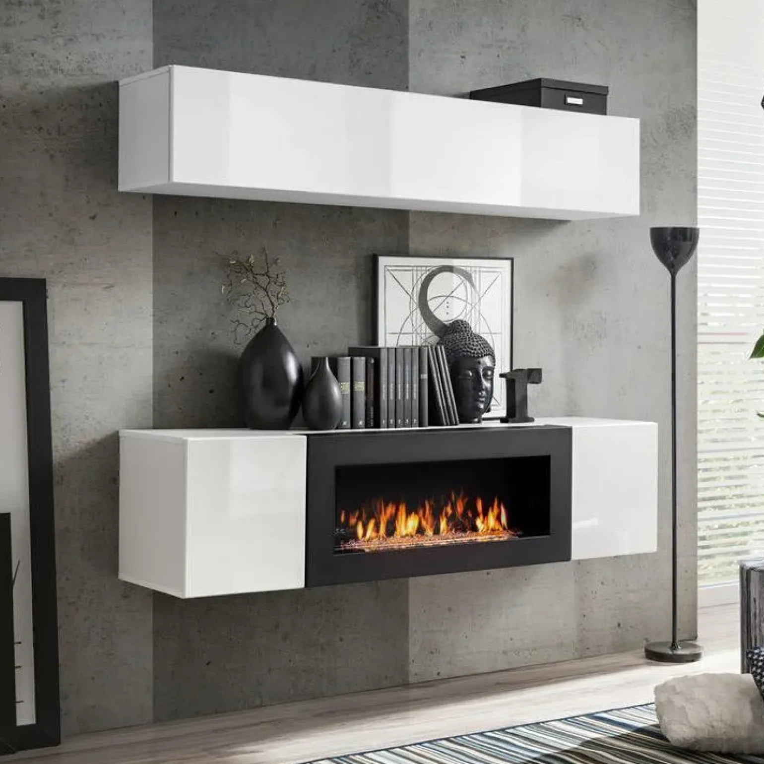 Parete attrezzata sospesa 160x150h cm con biocamino bianco N Gihome®