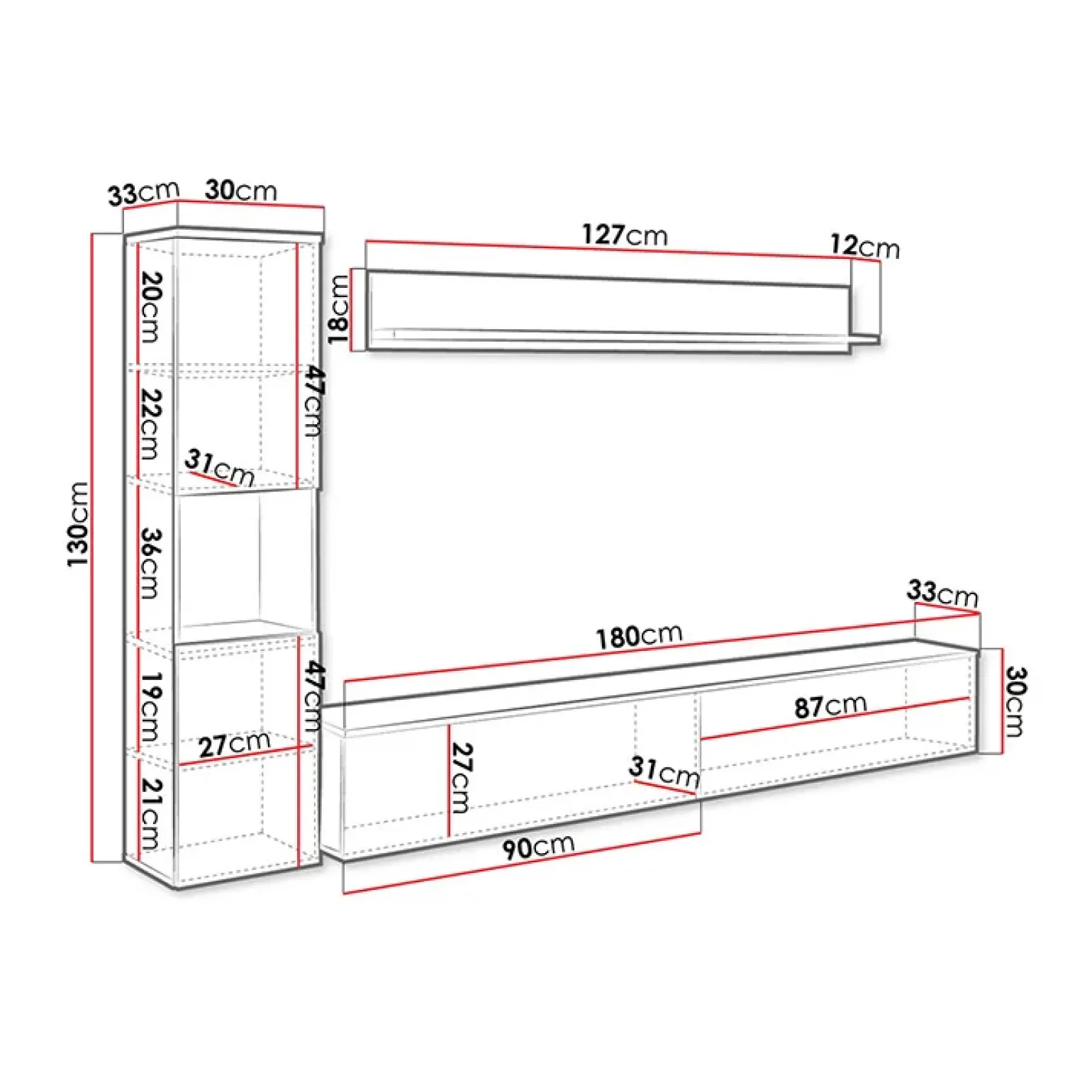 Parete attrezzata sospesa 210x130h cm bianco lucido Lamia
