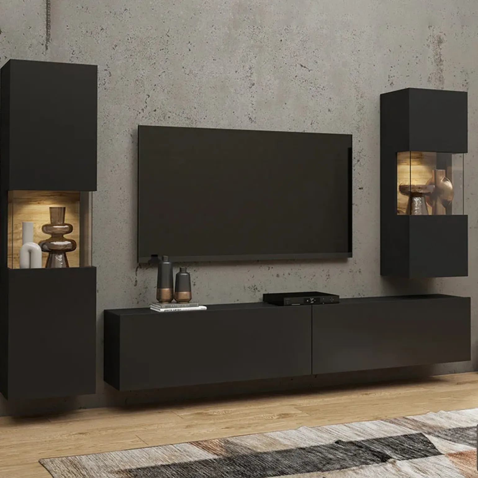 Parete attrezzata sospesa 226x140h cm nero rovere Fusion 2