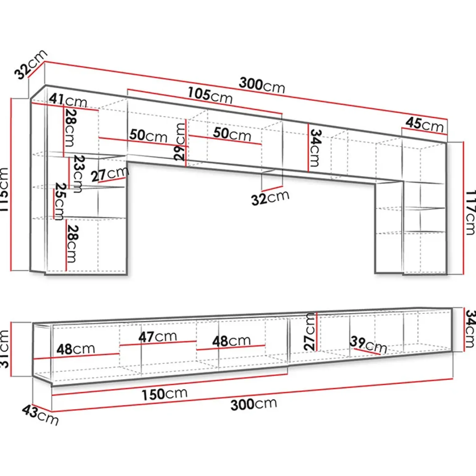 Parete attrezzata sospesa 300x185h cm porta tv con vetrine bianco lucido Mons