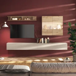 Parete attrezzata sospesa 276x202h cm moderna beige rovere chiaro Sunset 70