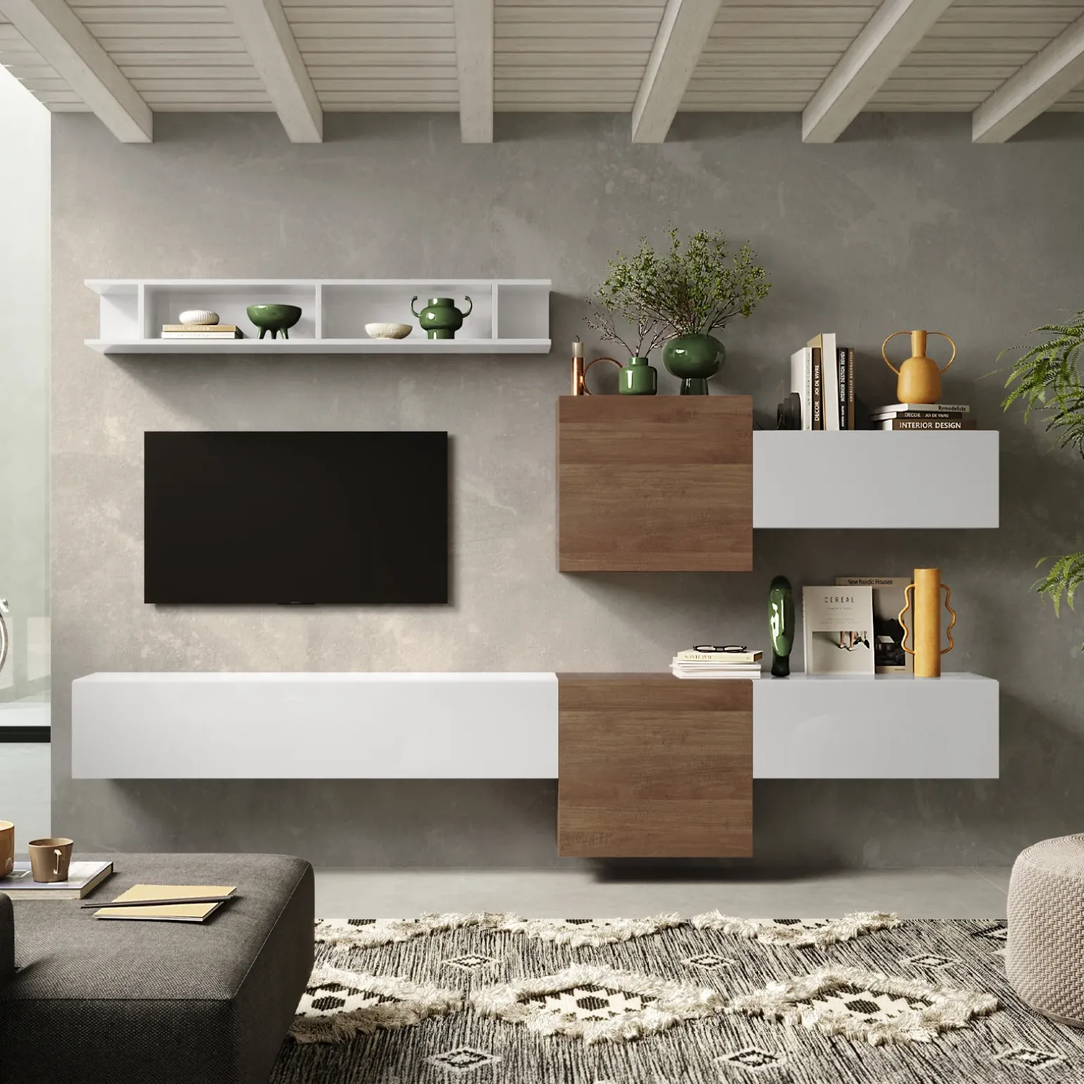 Parete attrezzata sospesa 262x185h cm bianco lucido rovere scuro Sunset 22