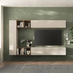 Parete attrezzata sospesa 223x195h cm moderna beige rovere scuro Sunset 83