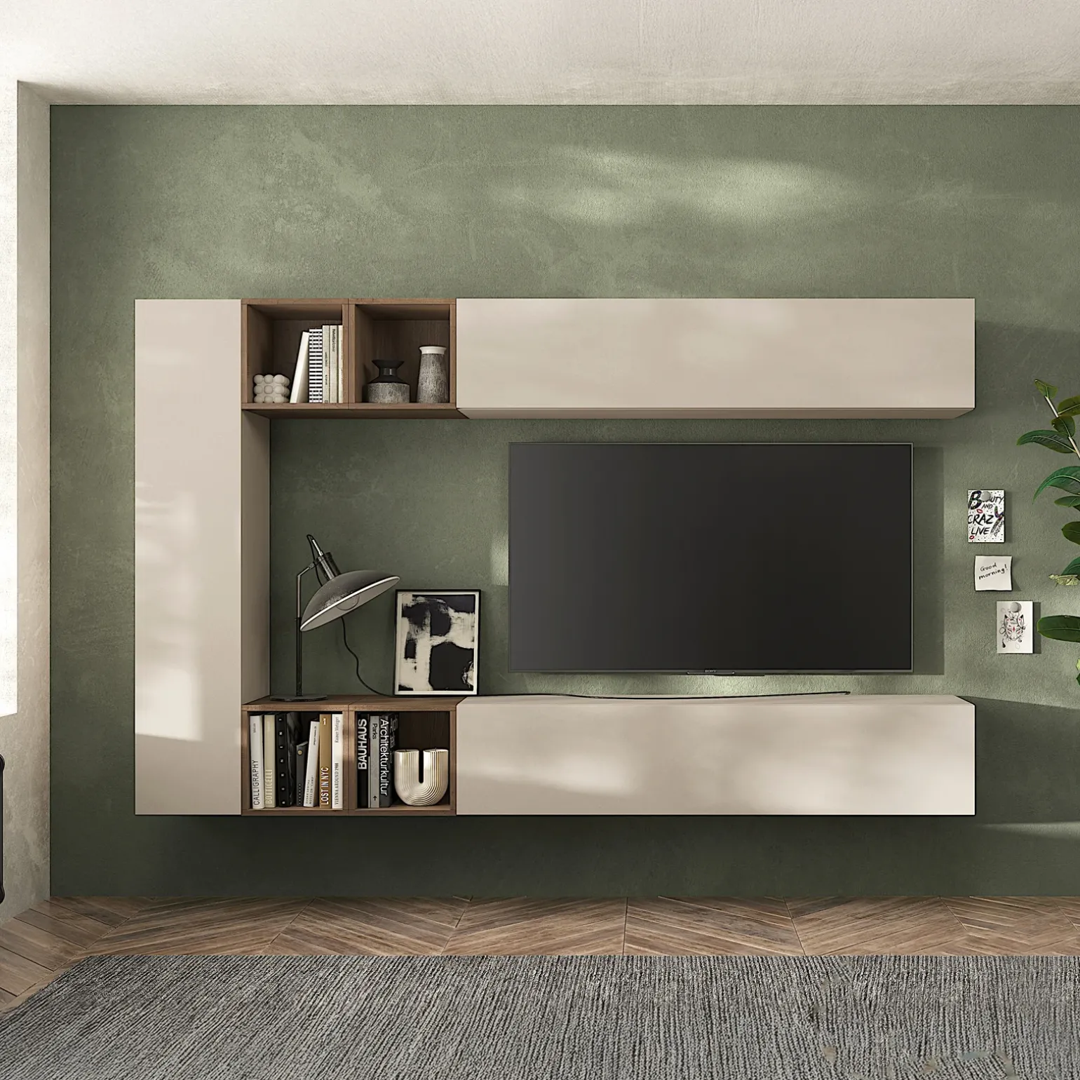 Parete attrezzata sospesa 223x195h cm moderna beige rovere scuro Sunset 83