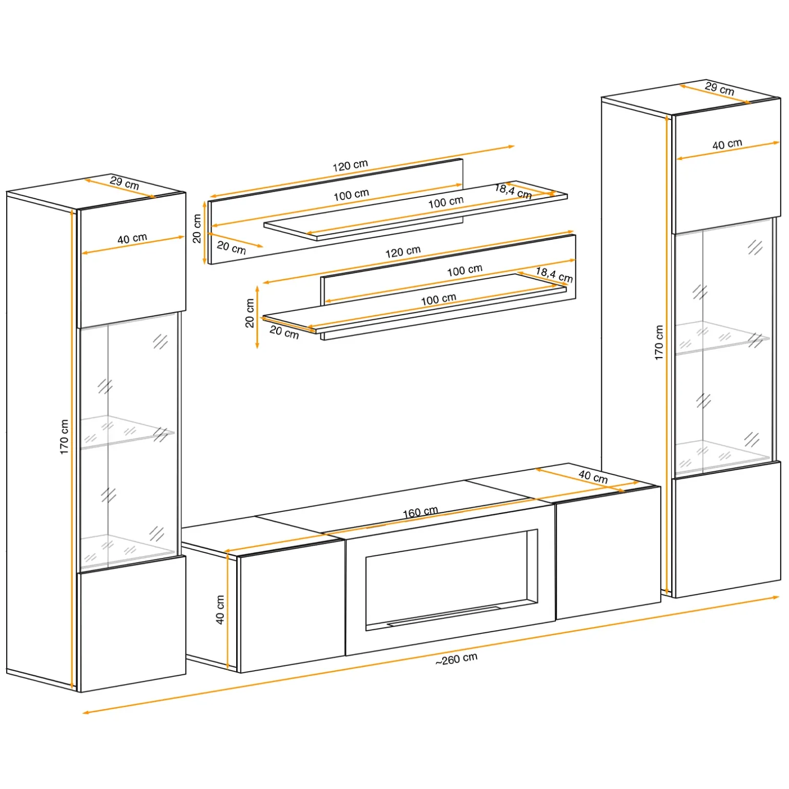 Parete attrezzata sospesa 260x170h cm con biocamino e vetrine nero M Gihome®