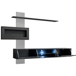 Parete attrezzata sospesa 250x170h cm con camino bioetanolo nero grigio Giotto