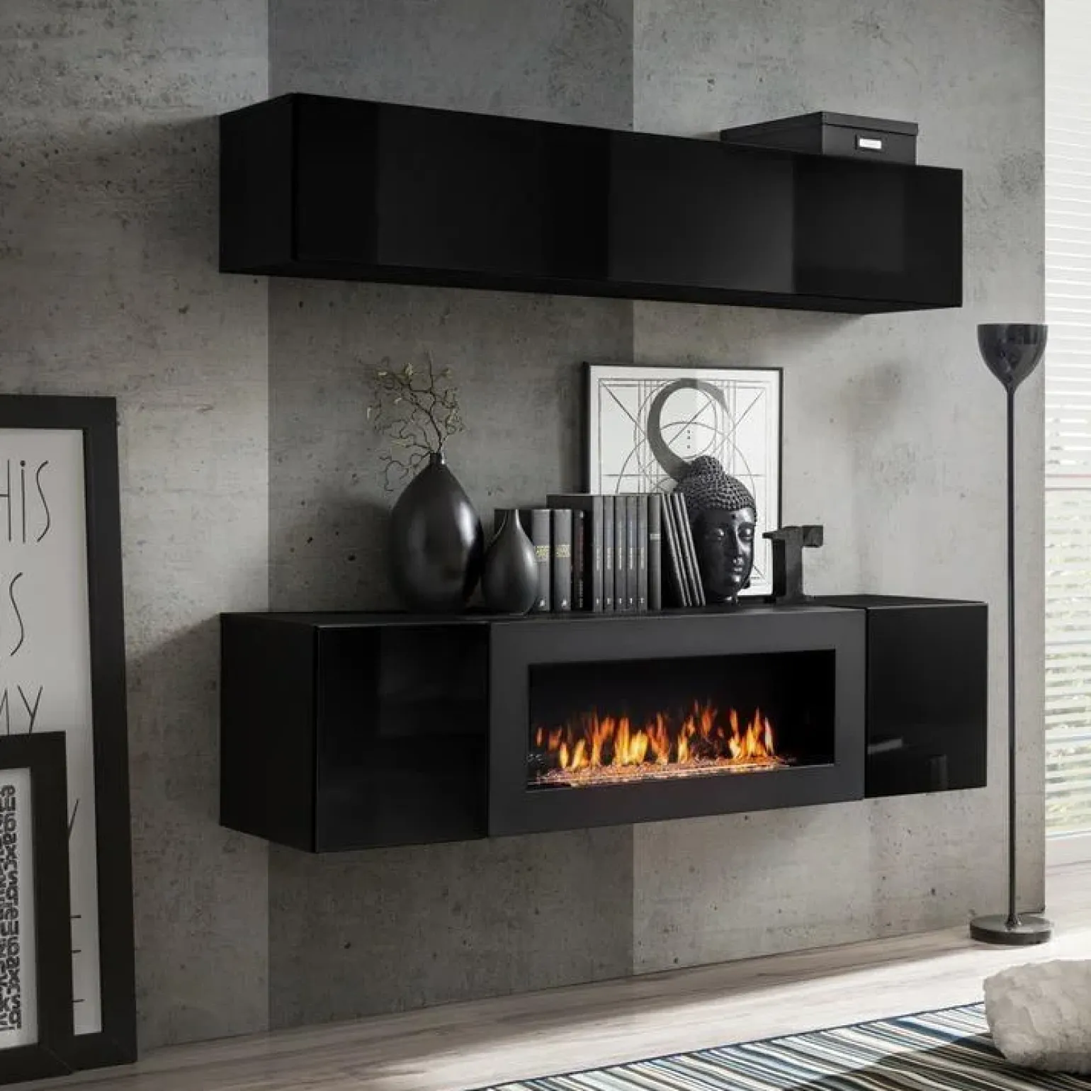 Parete attrezzata sospesa con biocamino 160x150h cm nero opaco e lucido N Gihome®
